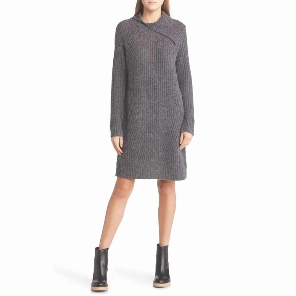 Treasure & Bond Gray Folded Neck Long Sleeve Sweater Dress
